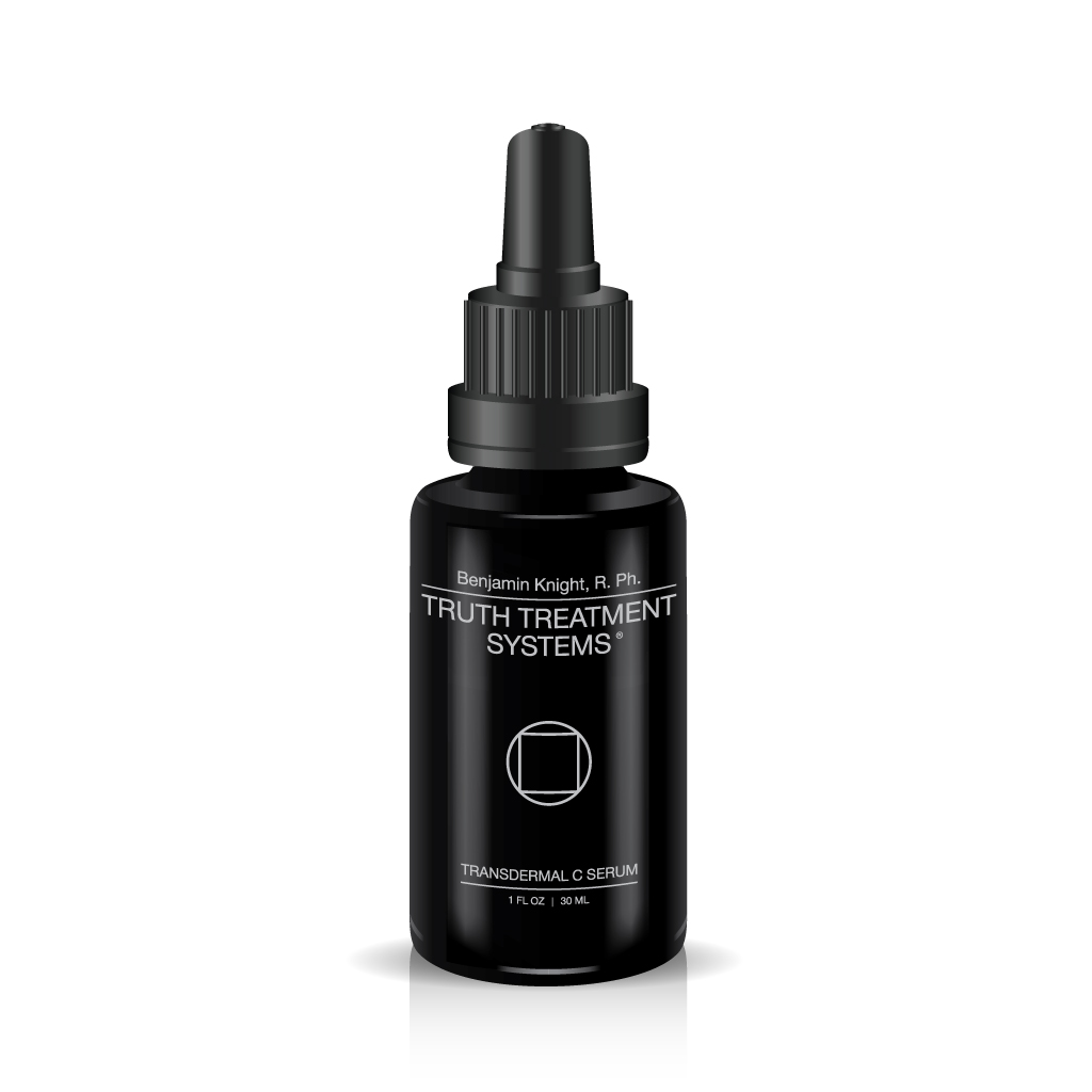 Truth Treatment Systems Transdermal C Serum in a black bottle with rubber stopper top