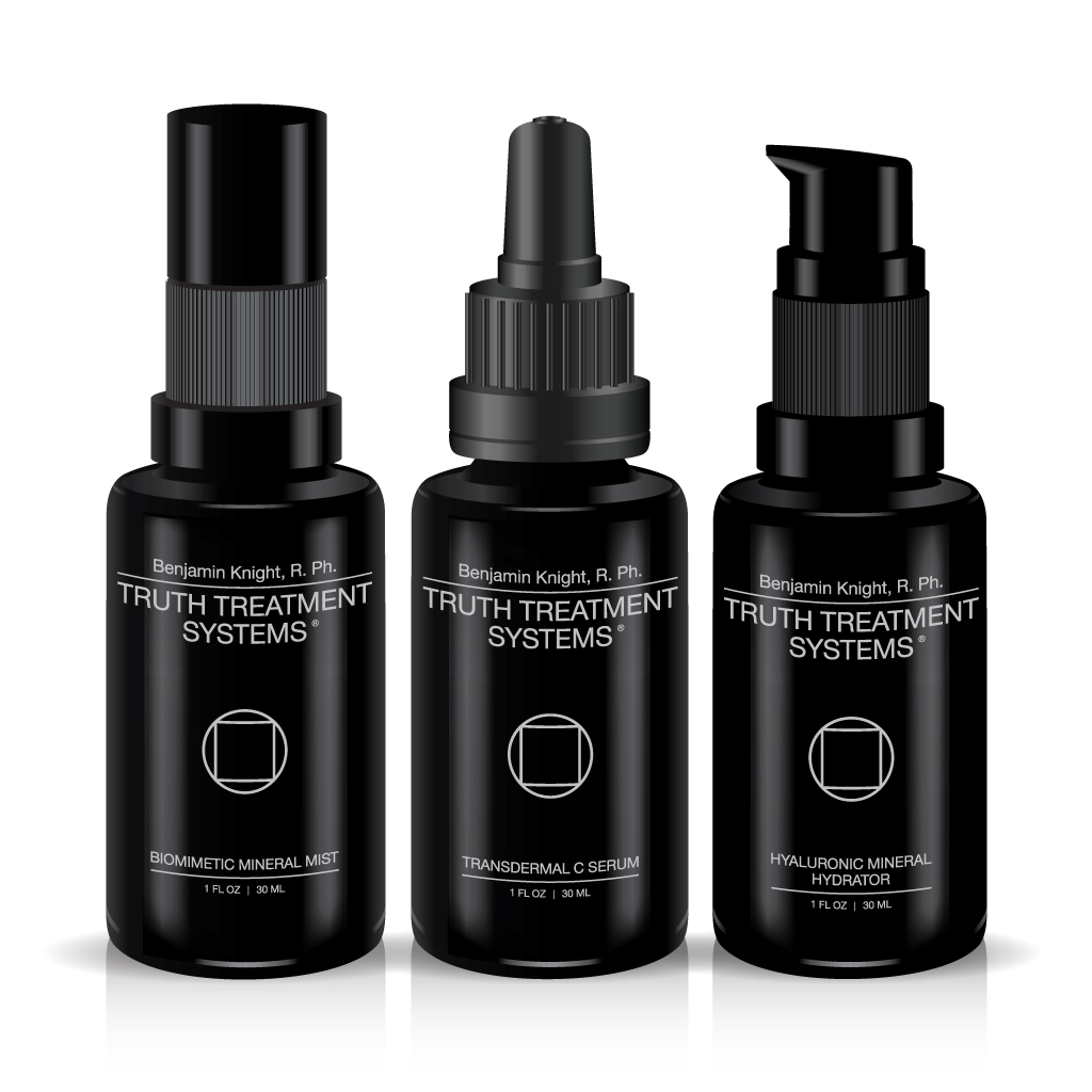Three black bottles of Truth Treatment Systems products