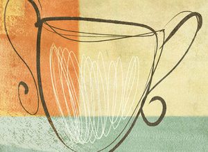 Line art of a coffee cup with two handles against a a varied colored background