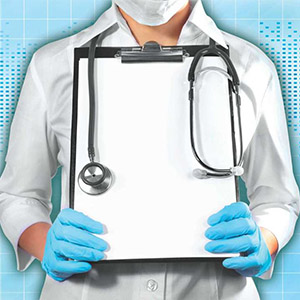 Torso shot of a doctor wearing a white mask, white shirt, blue gloves and a stethoscope holds a clipboard to their chest.