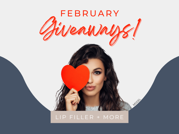 Beautifu woman holding heart over eye with text that reads "February Giveaways!" (model)