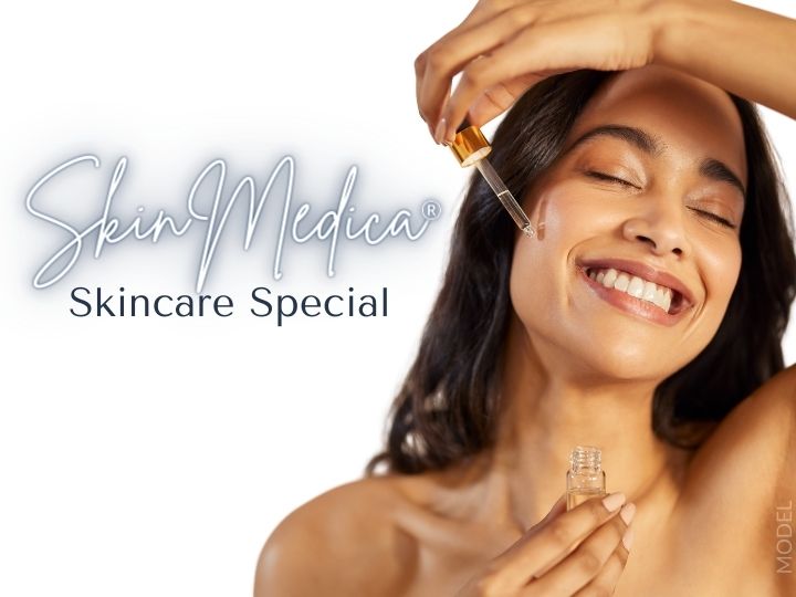 Woman applying serum (model) with text that reads, "SkinMedica® Skincare Special"