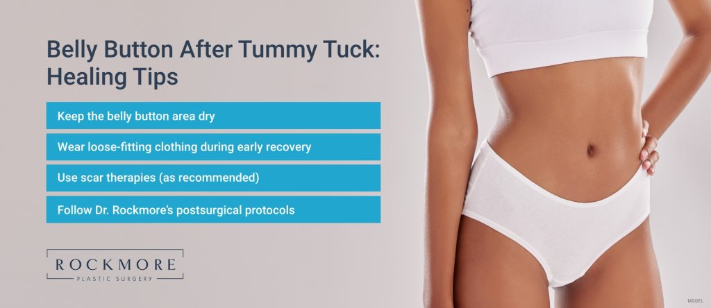 Infographic with belly button healing tips after a tummy tuck, including keeping the area dry, wearing loose-fitting clothing, using recommended scar therapies, and following postsurgical care instructions.